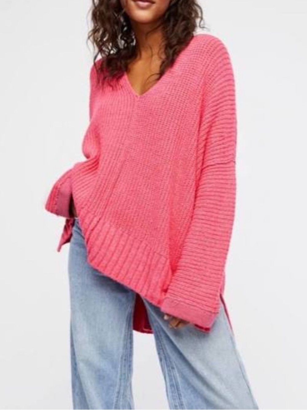 Free People Take Me Over Oversized Knit V-Neck Tunic Sweater Size M/L Pink